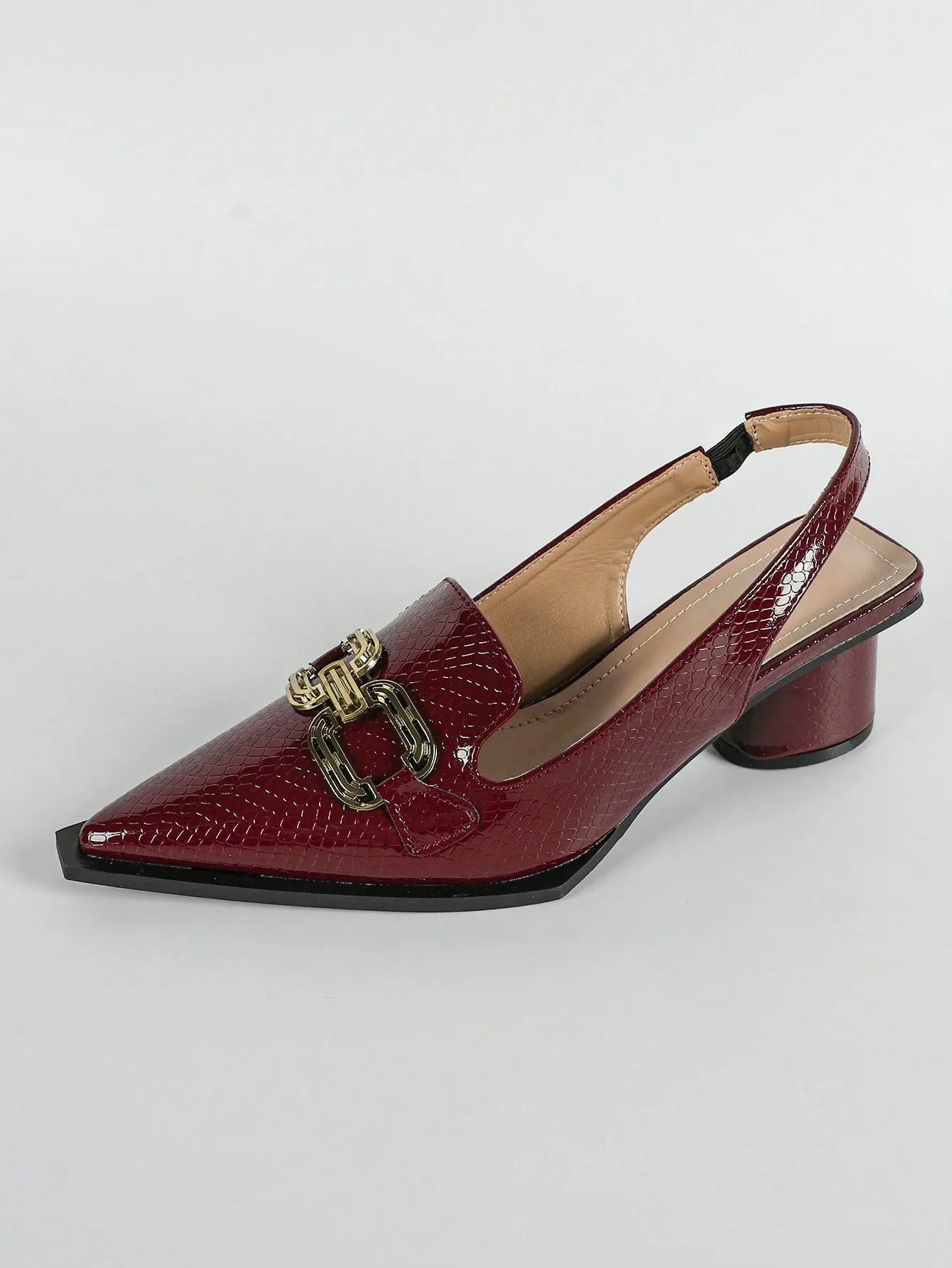 Women Snakeskin Embossed Metal Decor Pumps, Point Toe Slingback Sculptural Heeled Fashionable Pumps Pink