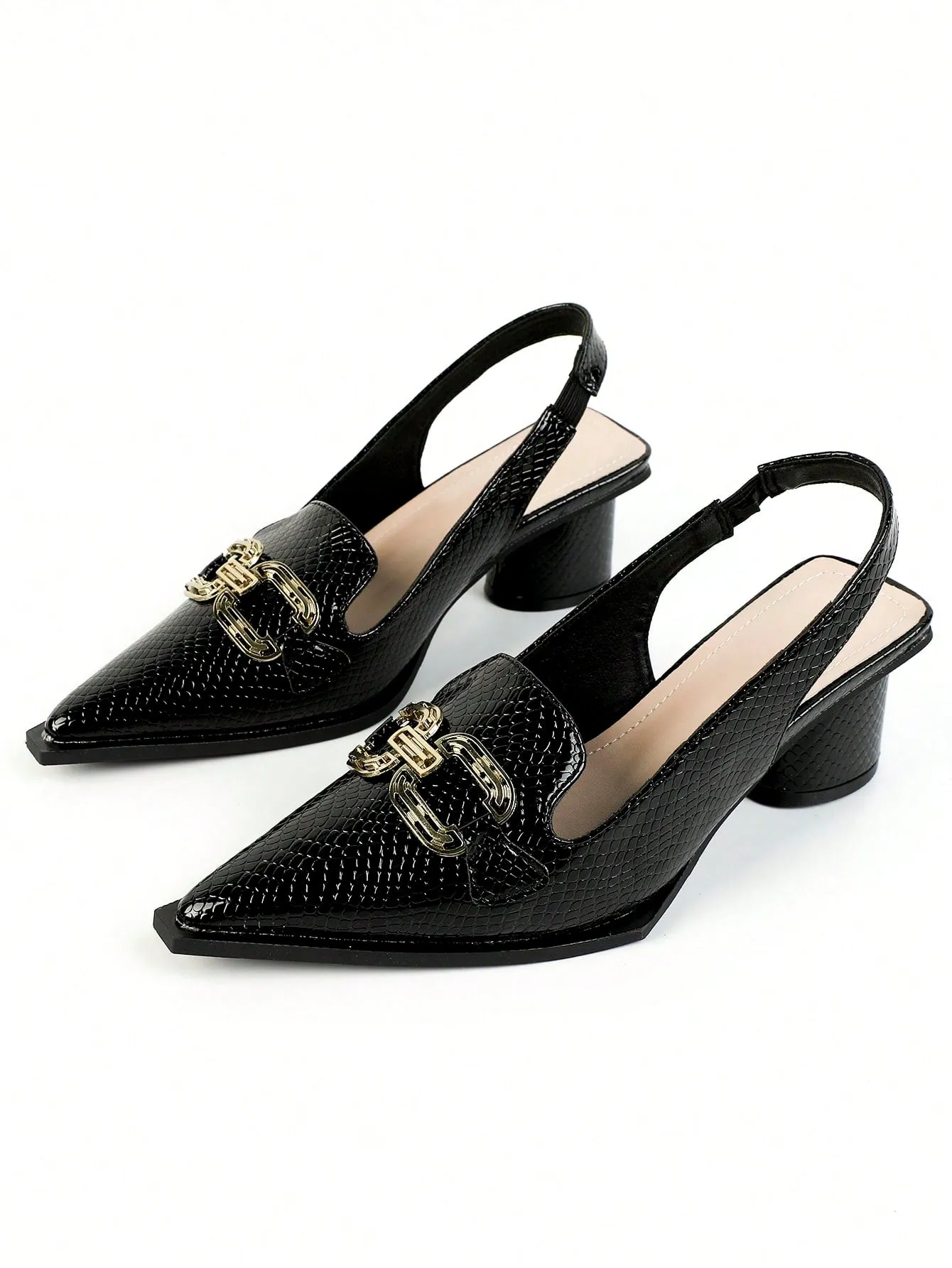 Women Snakeskin Embossed Metal Decor Pumps, Point Toe Slingback Sculptural Heeled Fashionable Pumps Pink