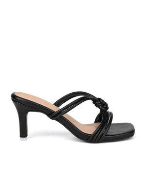 Women's Black Stilleto Heel Cross Knot Mule Sandals