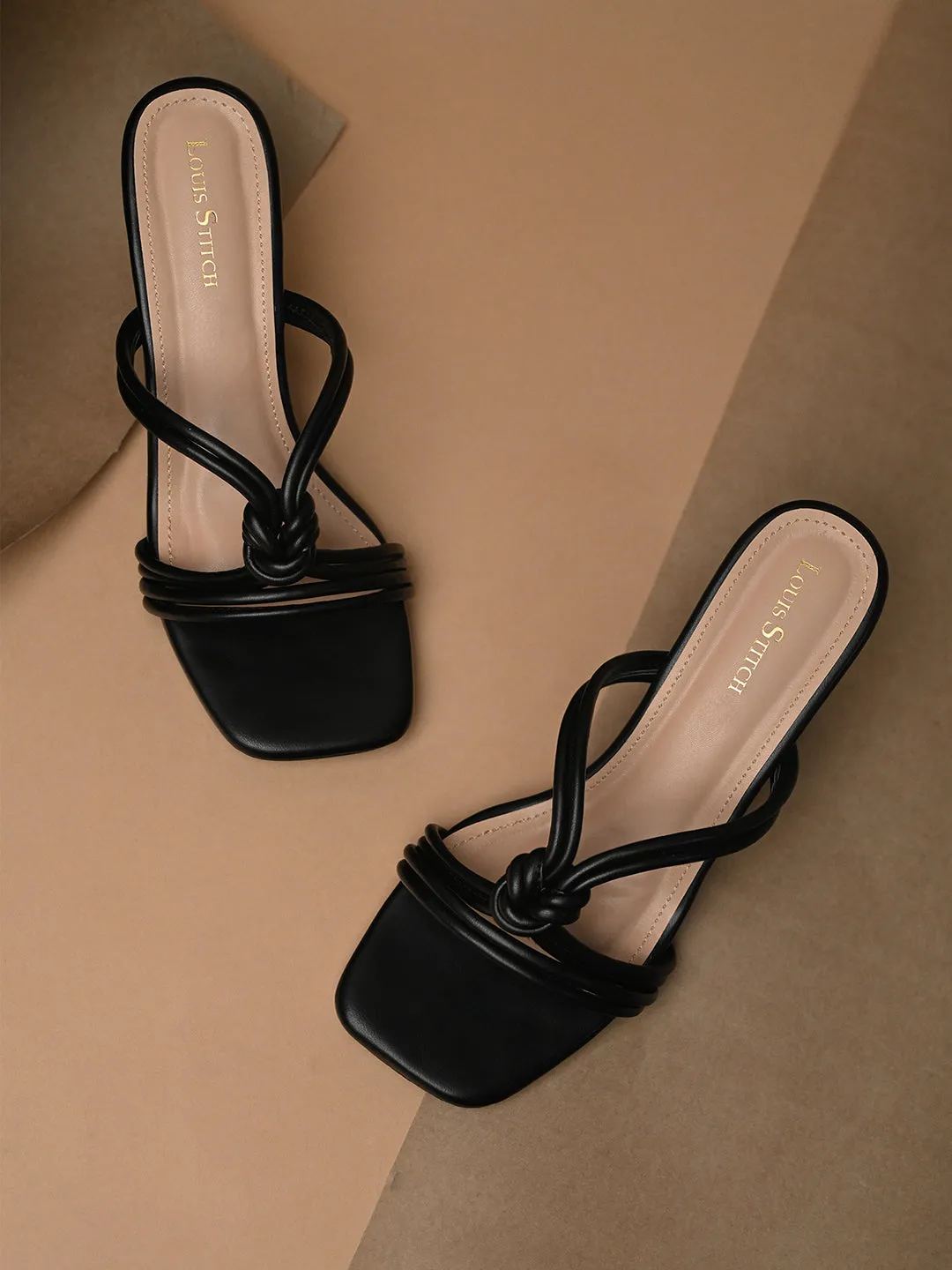 Women's Black Stilleto Heel Cross Knot Mule Sandals