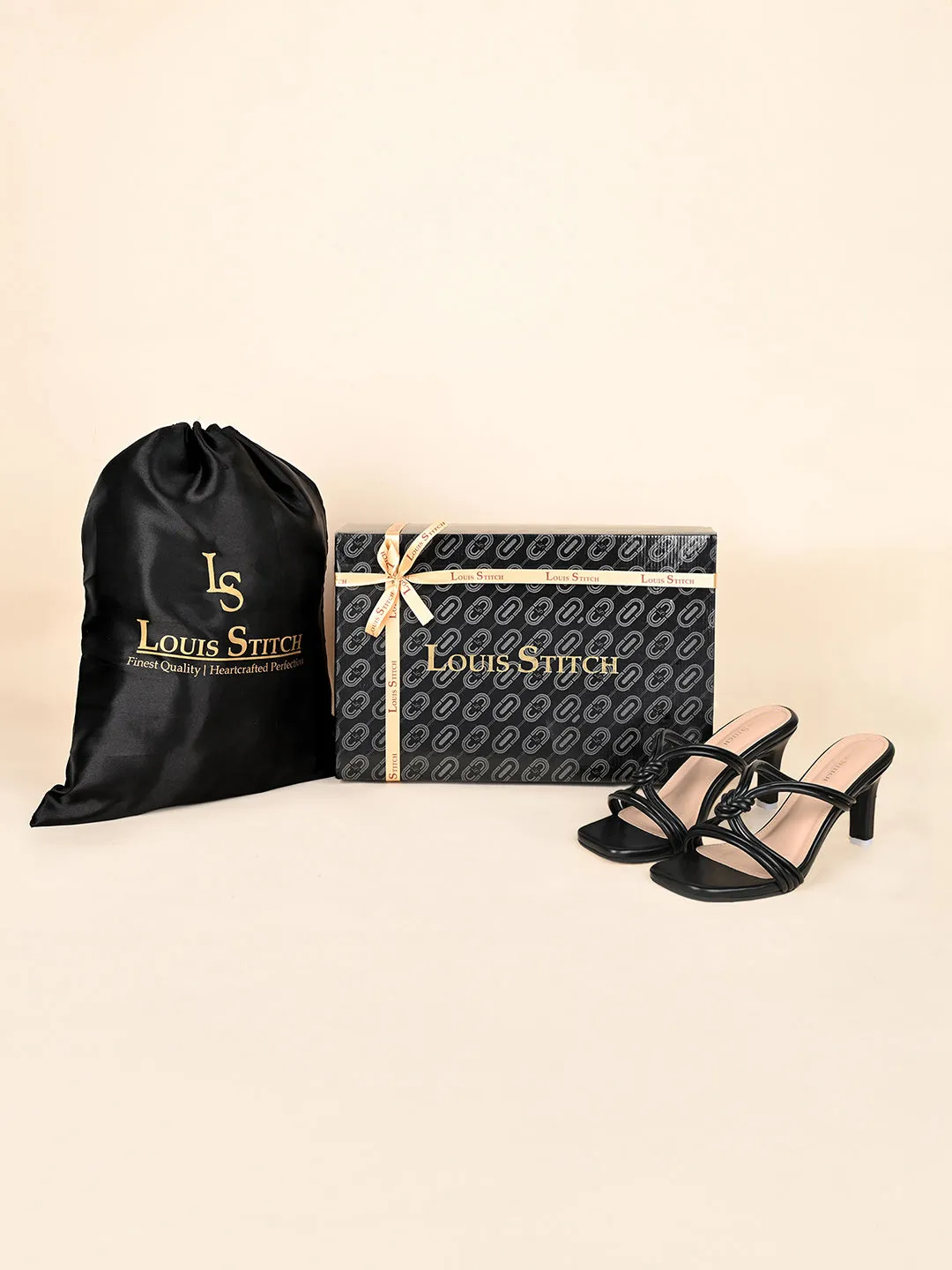 Women's Black Stilleto Heel Cross Knot Mule Sandals