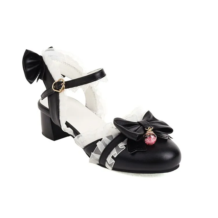 Women's Lolita Closed Toe Lace Butterfly Knot Block Heel Sandals